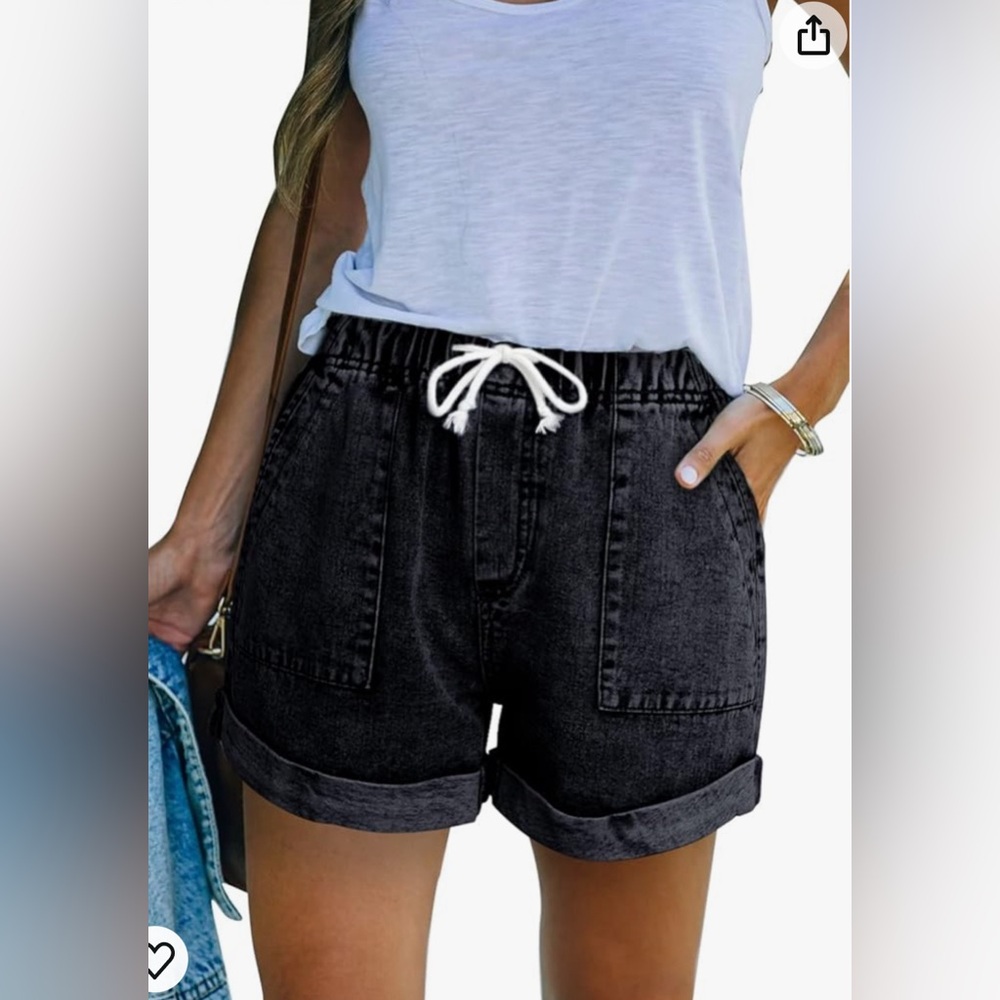 Womens Casual Elastic Waist Rolled Hem Denim Drawstring Loose Fit Jean Shorts